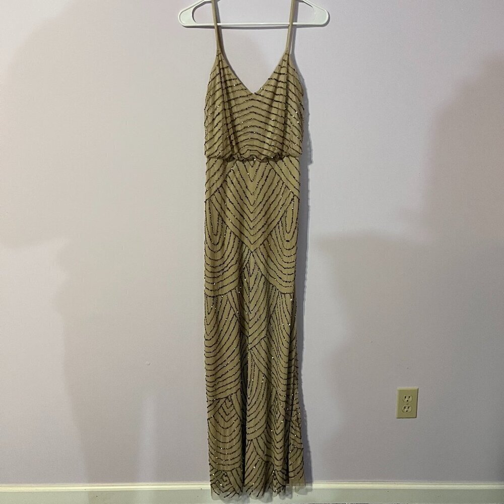 Adrianna Papell Nude Sequence Spaghetti Strap Maxi Formal Dress | Size 4 - Picture 1 of 7